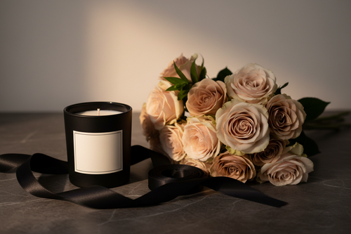 Black luxury candle beside blush roses on dark marble surface