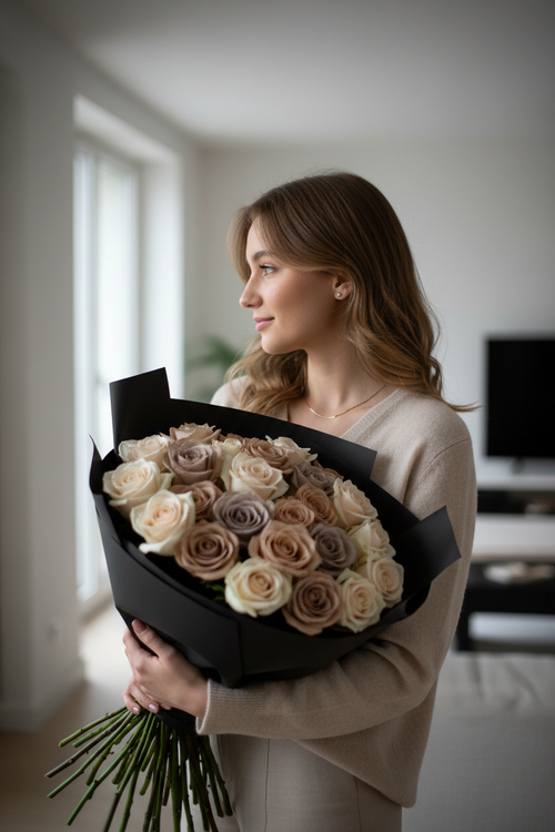 Woman holding matte black wrapped nude rose bouquet