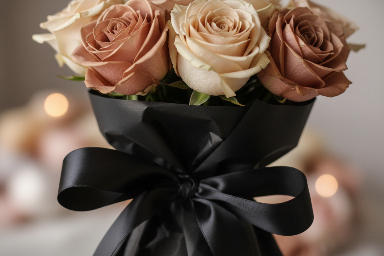 Close up of muted nude rose petals and black satin ribbon detail