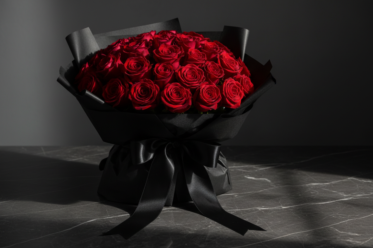 Deep red roses in matte black wrap on dark marble surface