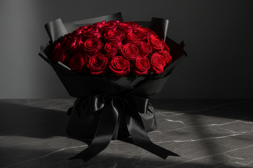 Deep red roses in matte black wrap on dark marble surface