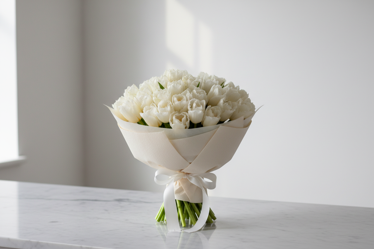 Soft ivory tulips in minimal wrap on marble surface