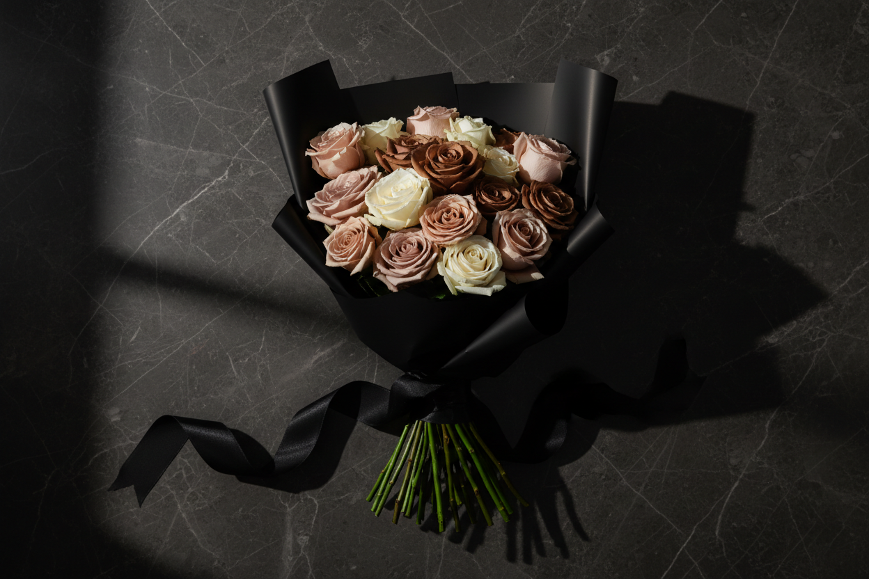 Top down flat lay of nude roses in matte black wrap with black satin ribbon