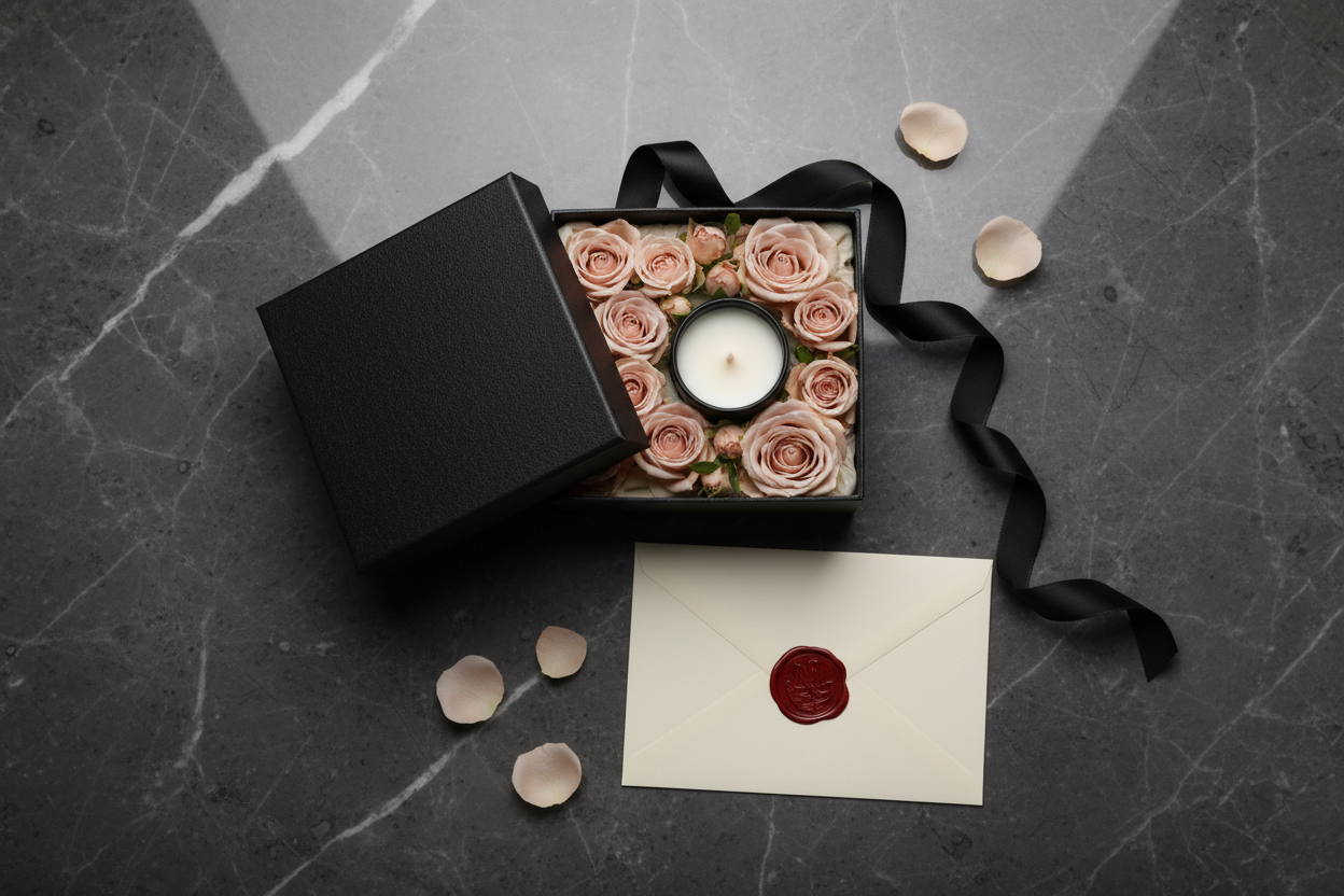 Flat lay of matte black gift box, roses, candle, red wax seal envelope and satin ribbon