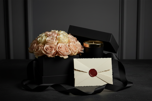 Matte black gift box open with blush roses, candle and red wax seal on dark marble